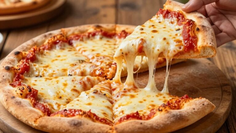 Hot deep dish pizza with gooey cheese being served.